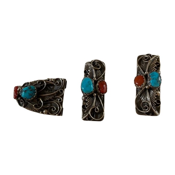 Vintage Sterling Silver Turquoise & Coral Belt Tips (Set of 3)